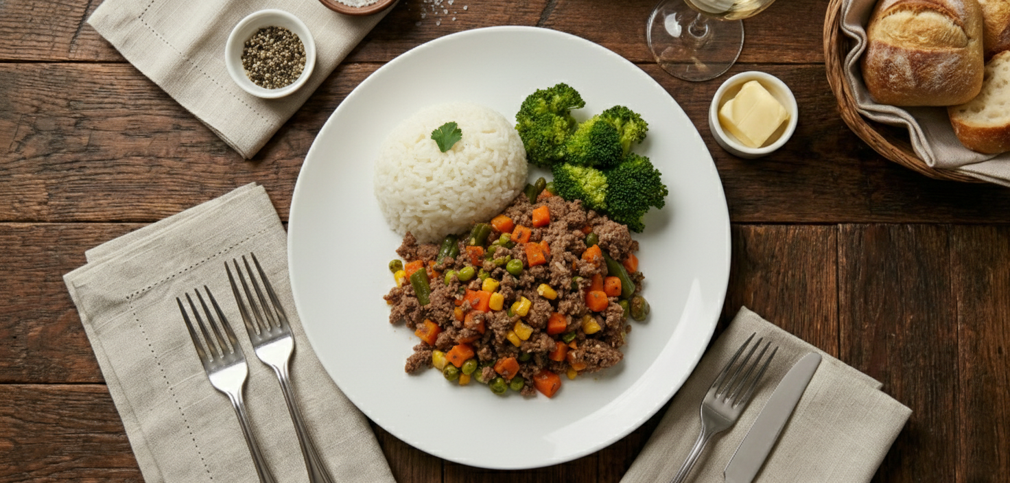 Homestyle ground beef with steamed broccolis